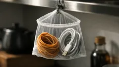 排水口ネットで小物収納が整う、輪ゴムとケーブルが散らからない簡単アイデア